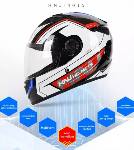 White, Black, Red & Blue HNJ Motorcycle Helmet with Clear Visor