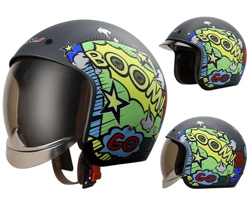 Matte Black, Yellow, Green & Blue Boom Retro Motorcycle Helmet