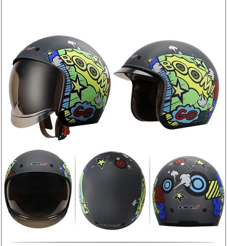 Matte Black, Yellow, Green & Blue Boom Retro Motorcycle Helmet