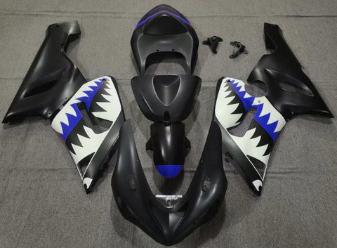 Fairing kit for a Kawasaki ZX6R 636 (2005-2006) Matte Black, White & Blue Shark