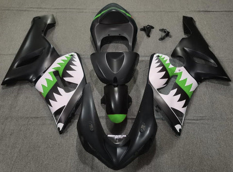 Fairing kit for a Kawasaki ZX6R 636 (2005-2006) Matte Black, White & Green Shark