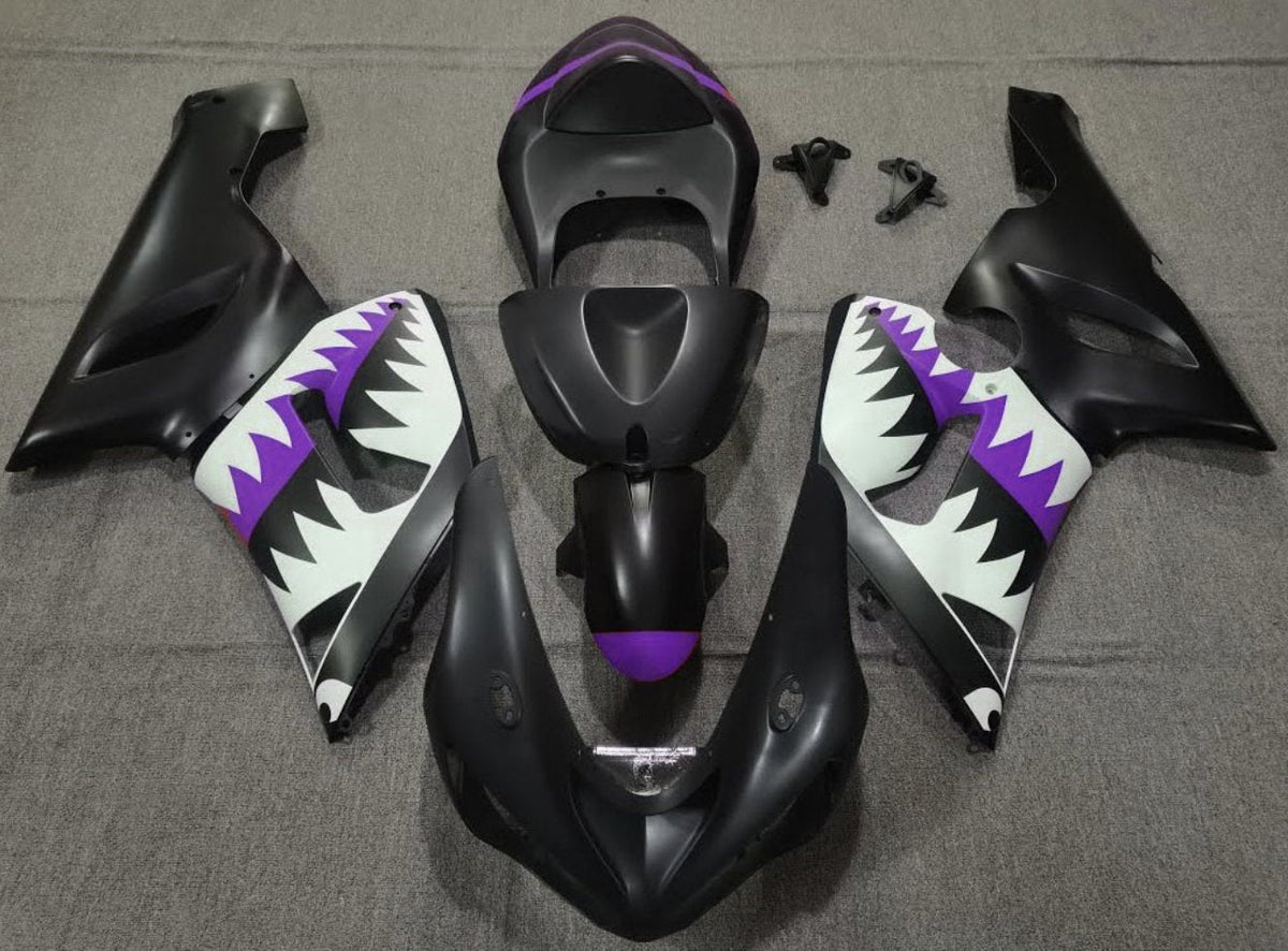 Fairing kit for a Kawasaki ZX6R 636 (2005-2006) Matte Black, White & Purple Shark