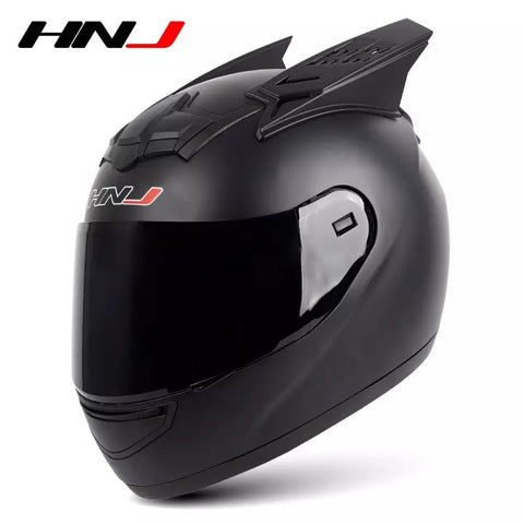 Matte Black HNJ Motorcycle Helmet with Horns & Blue Visor