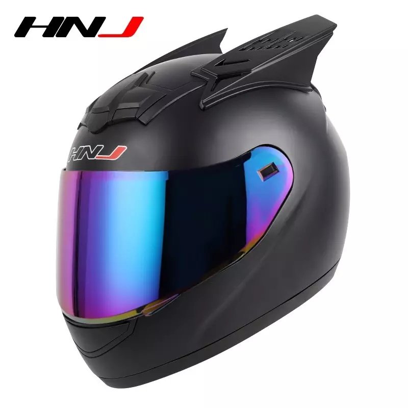 Matte Black HNJ Motorcycle Helmet with Horns & Blue Visor