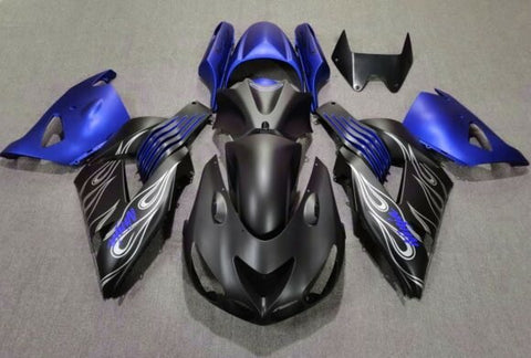 Fairing kit for a Kawasaki Ninja ZX14R (2006-2011) Matte Black, Matte Blue & Matte Silver Flames