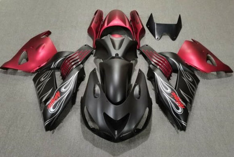 Fairing kit for a Kawasaki Ninja ZX14R (2006-2011) Matte Black, Matte Red & Matte Silver Flames