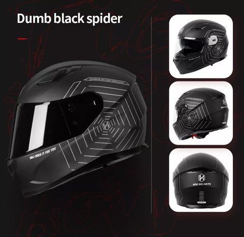 Matte Black & Silver Spider Web HNJ Motorcycle Helmet with Clear Visor