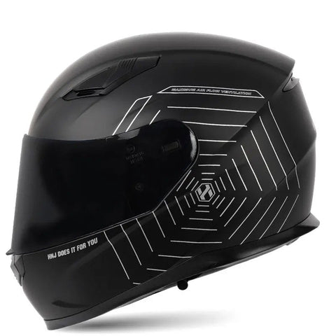 Matte Black & Silver Spider Web HNJ Motorcycle Helmet with Clear Visor