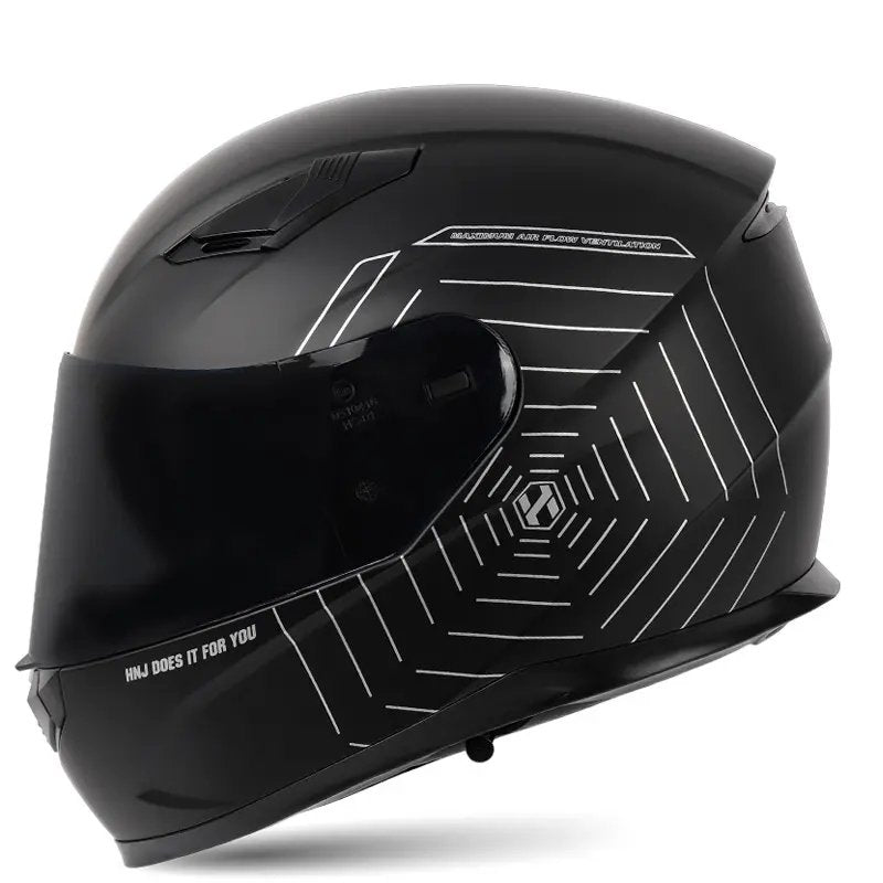 Matte Black & Silver Spider Web HNJ Motorcycle Helmet with Black Visor