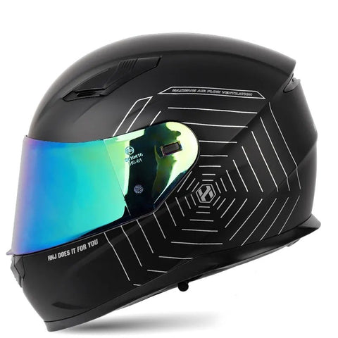 Matte Black & Silver Spider Web HNJ Motorcycle Helmet with Clear Visor