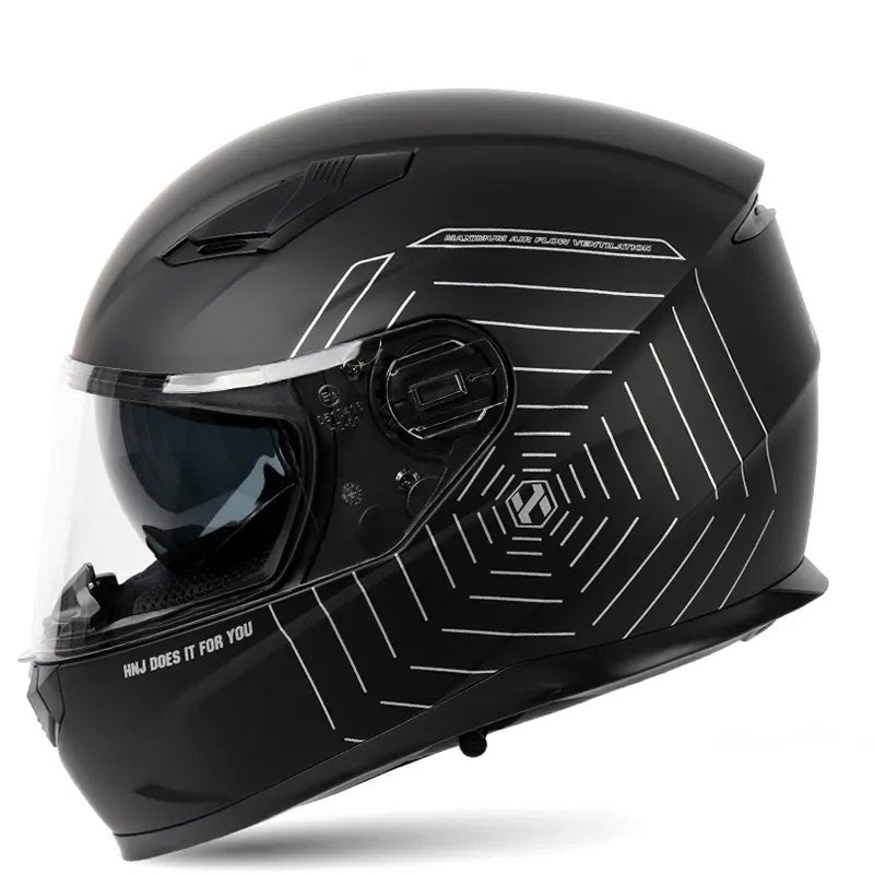 Matte Black & Silver Spider Web HNJ Motorcycle Helmet with Clear Visor