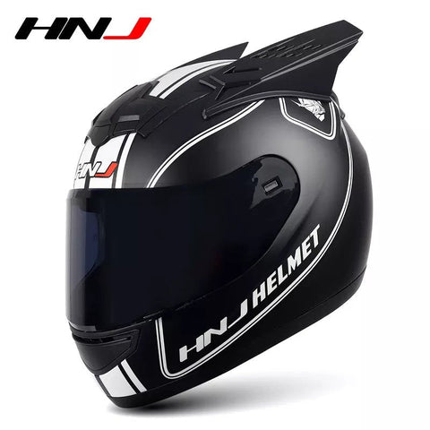 Matte Black & White Stripe HNJ Motorcycle Helmet with Horns & Blue Visor