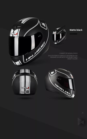 Matte Black & White Stripe HNJ Motorcycle Helmet