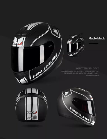 Matte Black & White Stripe HNJ Motorcycle Helmet with Horns & Black Visor