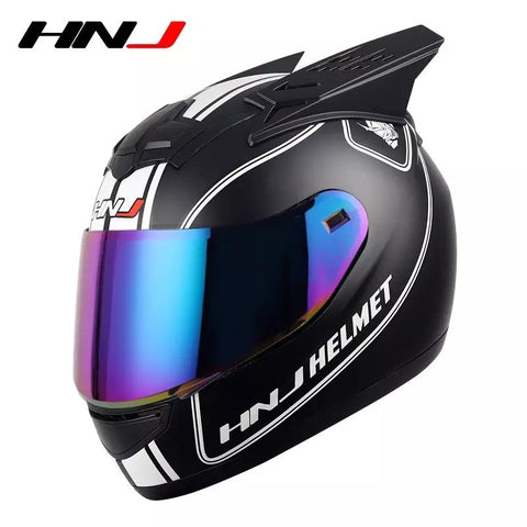 Matte Black & White Stripe HNJ Motorcycle Helmet with Horns & Blue Visor