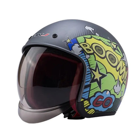 Matte Black, Yellow, Green & Blue Boom Retro Motorcycle Helmet