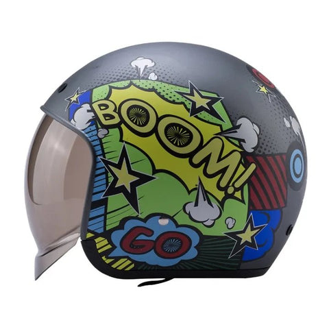 Matte Black, Yellow, Green & Blue Boom Retro Motorcycle Helmet