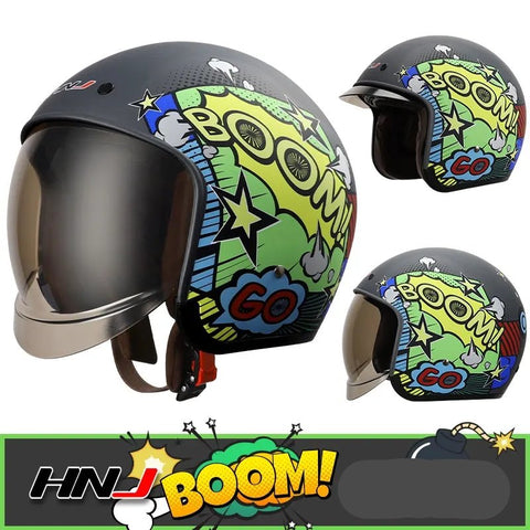 Matte Black, Yellow, Green & Blue Boom Retro Motorcycle Helmet