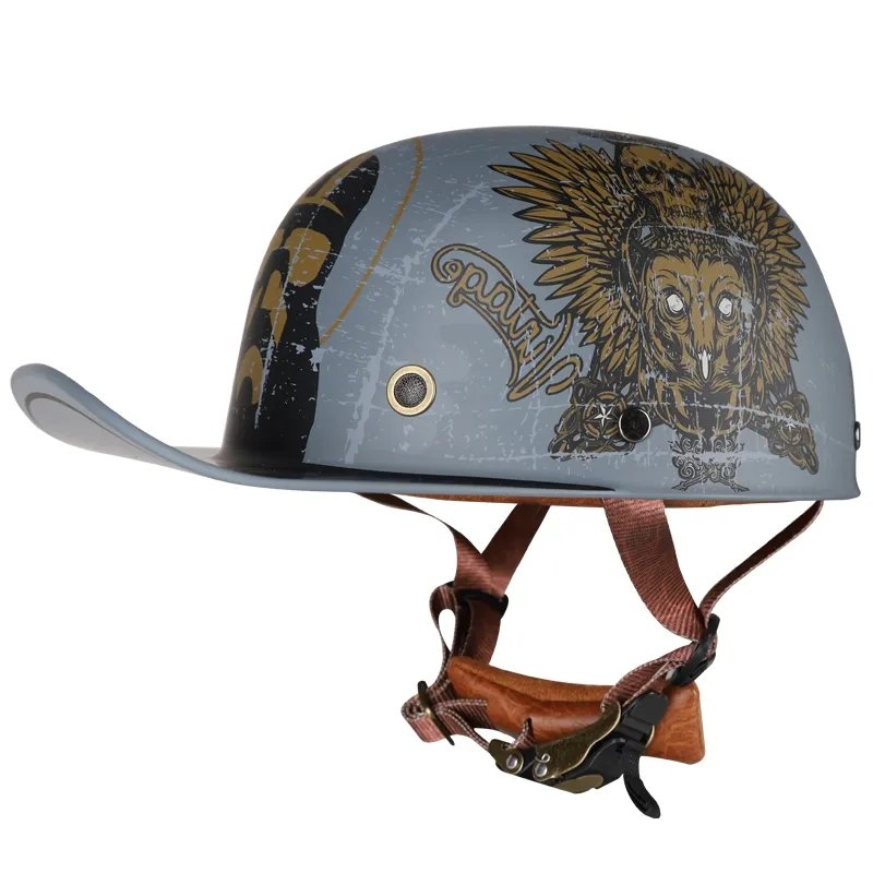 Matte Gray & Gold Owl Retro Baseball Cap Motorcycle Helmet