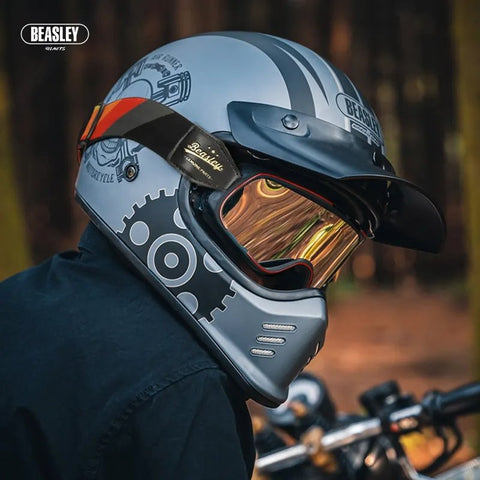 Matte Blue & Black Skull & Gear Beasley Motorcycle Helmet