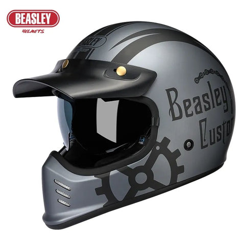 Matte Blue & Black Skull & Gear Beasley Motorcycle Helmet