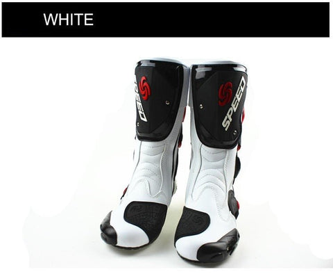 White, Black & Red Speed Leather Motorcycle Boots