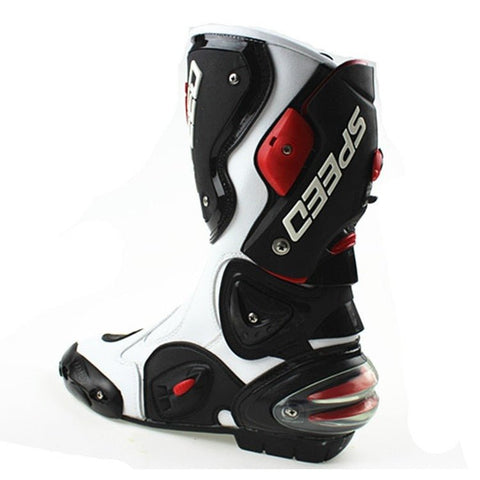 White, Black & Red Speed Leather Motorcycle Boots