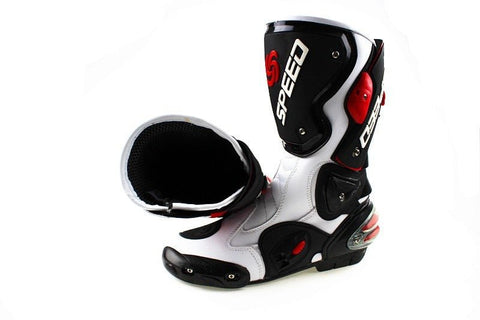 White, Black & Red Speed Leather Motorcycle Boots