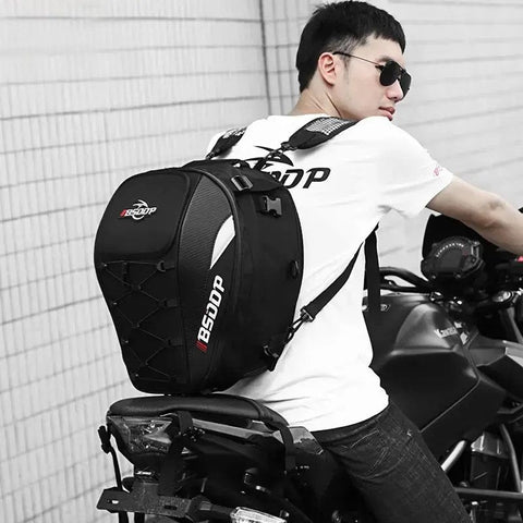 Motorcycle Helmet Backpack & Waterproof Backseat Travel Bag (Black, White, Red & Carbon Fiber)