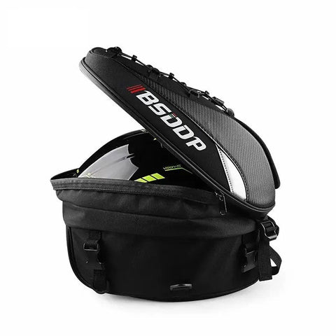 Motorcycle Helmet Backpack & Waterproof Backseat Travel Bag (Black, White, Red & Carbon Fiber)