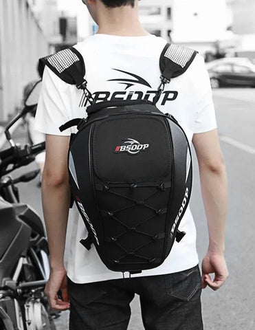 Motorcycle Helmet Backpack & Waterproof Backseat Travel Bag (Black, White, Red & Carbon Fiber)