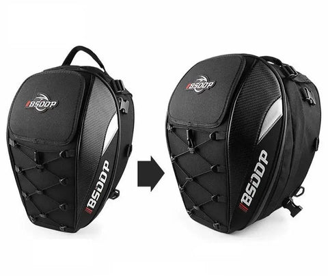 Motorcycle Helmet Backpack & Waterproof Backseat Travel Bag (Black, White, Red & Carbon Fiber)