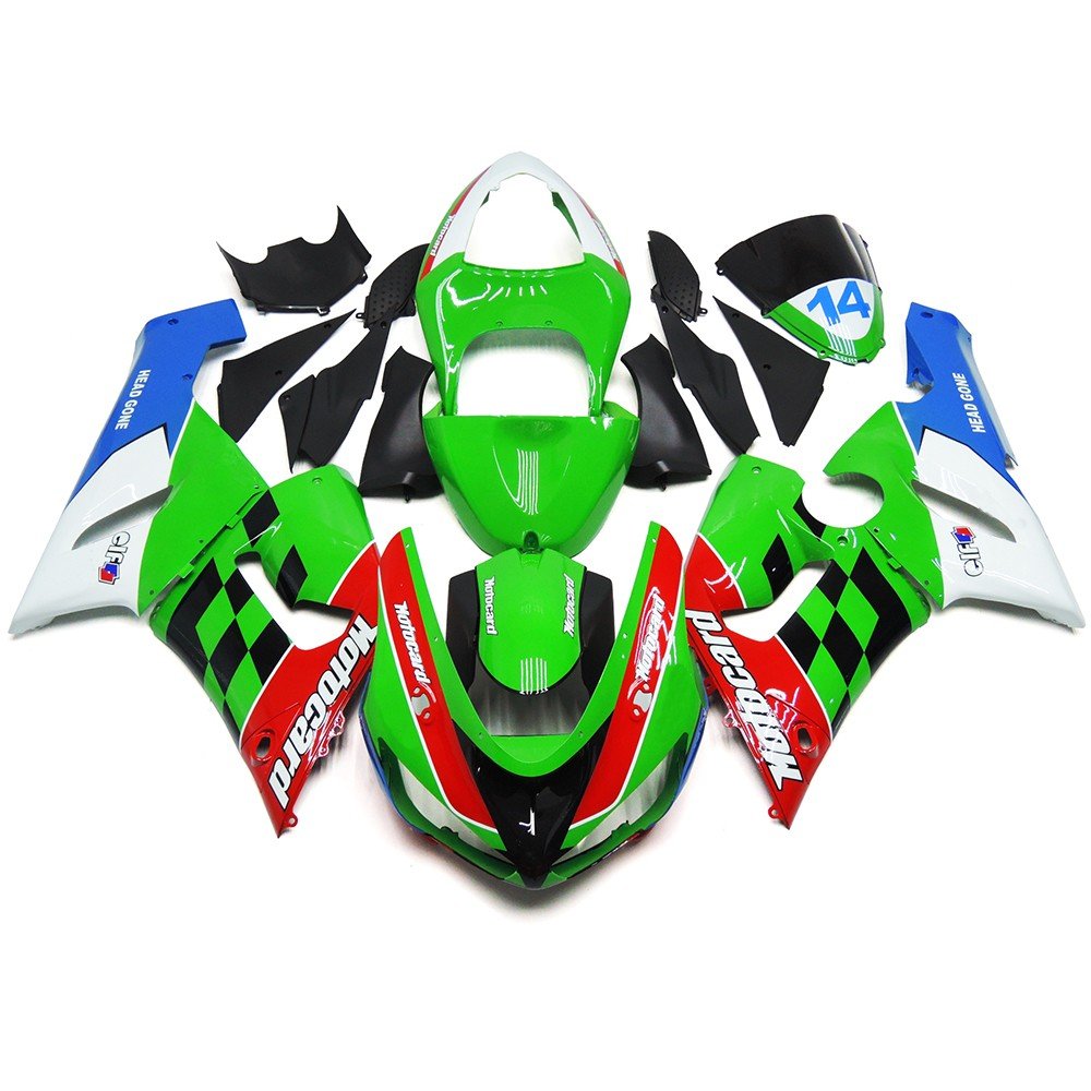 Fairing kit for a Kawasaki ZX6R 636 (2005-2006) Green, Red, Black, White & Blue Motocard