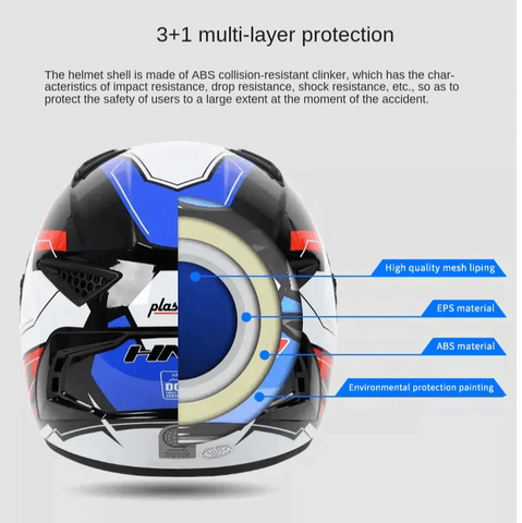 White, Black & Blue HNJ Motorcycle Helmet with Black Visor