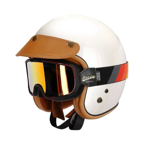 Pearl White & Leather Open Face 3/4 Beasley Motorcycle Helmet