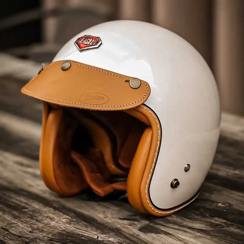 Pearl White & Leather Open Face 3/4 Beasley Motorcycle Helmet