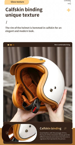 Pearl White & Leather Open Face 3/4 Beasley Motorcycle Helmet