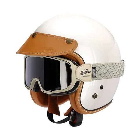 Pearl White & Leather Open Face 3/4 Beasley Motorcycle Helmet