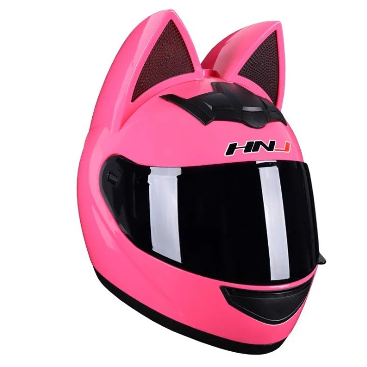 Pink & Black HNJ Motorcycle Helmet with Cat Ears & Black Visor