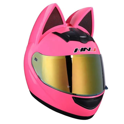 Pink & Black HNJ Motorcycle Helmet with Cat Ears & Black Visor