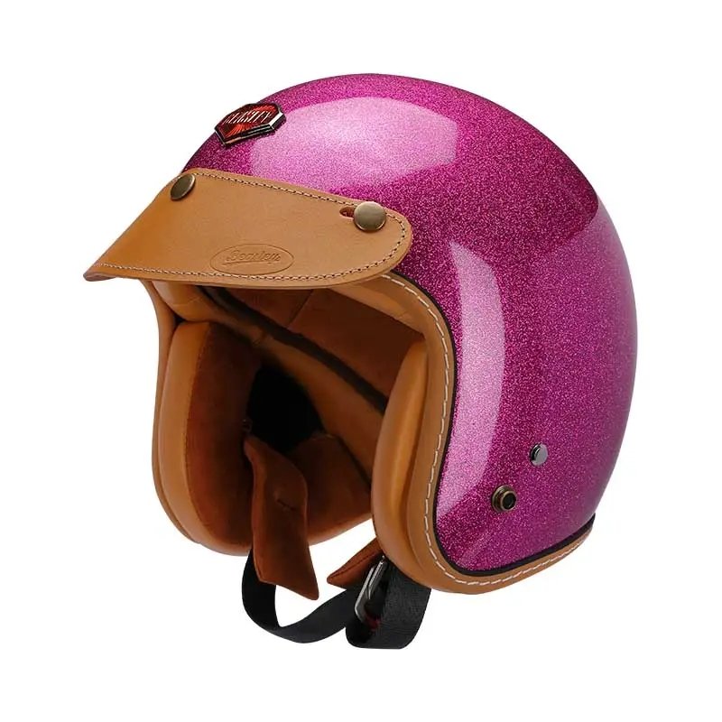 Pink Metallic & Leather Open Face 3/4 Beasley Motorcycle Helmet