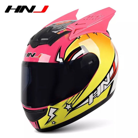 Pink & Yellow Love Bird HNJ Motorcycle Helmet with Horns & Blue Visor