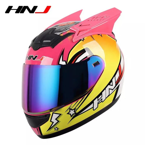 Pink & Yellow Love Bird HNJ Motorcycle Helmet with Horns & Blue Visor