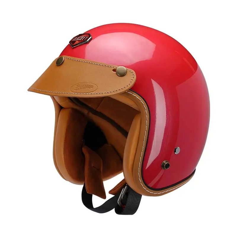 Red & Leather Open Face 3/4 Beasley Motorcycle Helmet