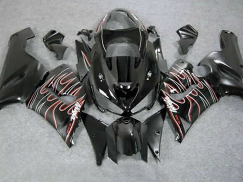 Fairing Kit for a Kawasaki ZX6R 636 (2005-2006) Black, Red & White Flames