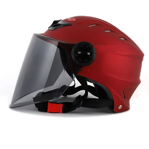 Red Half Face Motorcycle Helmet with Large Black Visor