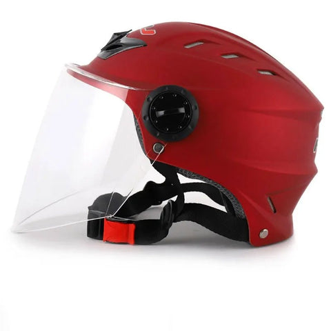 Red Half Face Motorcycle Helmet with Large Black Visor