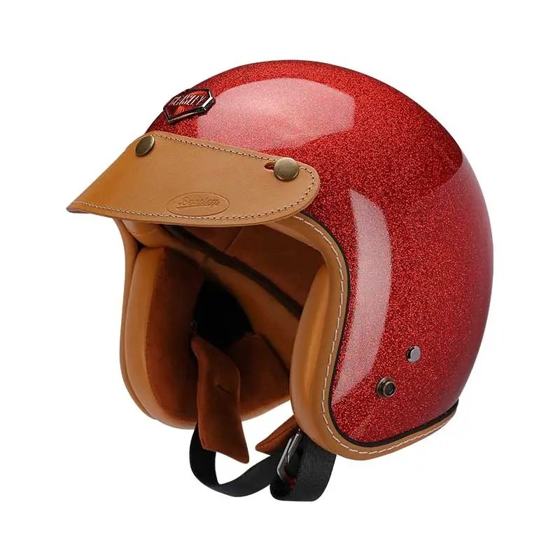 Red Metallic & Leather Open Face 3/4 Beasley Motorcycle Helmet