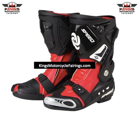 White & Black Tall Speed Leather Motorcycle Boots