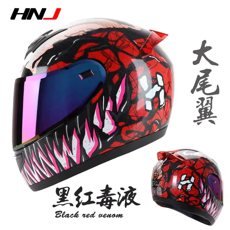 Red & Black Venom HNJ Motorcycle Helmet with Blue Windscreen